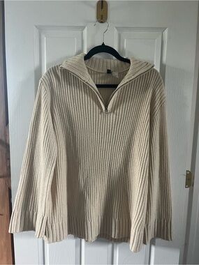 H&M DIVIDED Beige Ribbed Quarter-Zip Pullover Sweater - Size Small